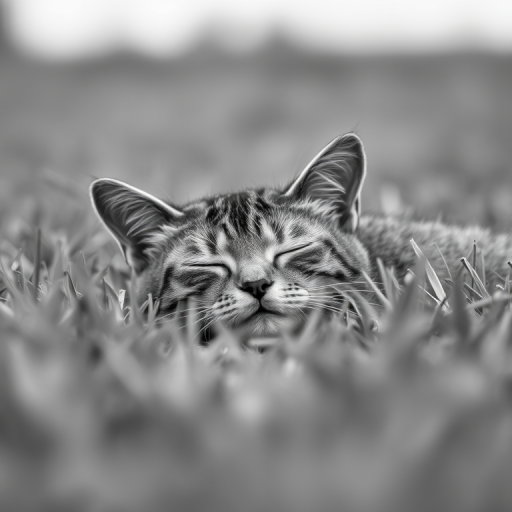 Generate an image of a sleeping cat in a grassy field captured with a DSLR camera at f/2.8 aperture, ISO 100, shutter speed 1/200s, with a shallow depth of field and a soft background, focusing on the cat's peaceful expression in black and white.