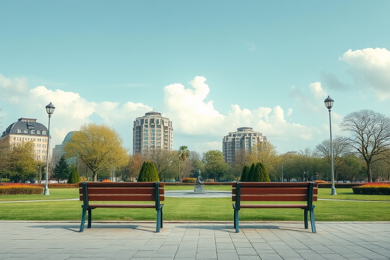 Create a serene city park scene with minimalistic buildings in the background, soft pastel green colors, two wooden benches, street lamps, and fluffy clouds, captured with a DSLR camera at f/8 aperture, 24mm focal length, ISO 200, balanced exposure, and shot from a slightly elevated angle to capture depth.