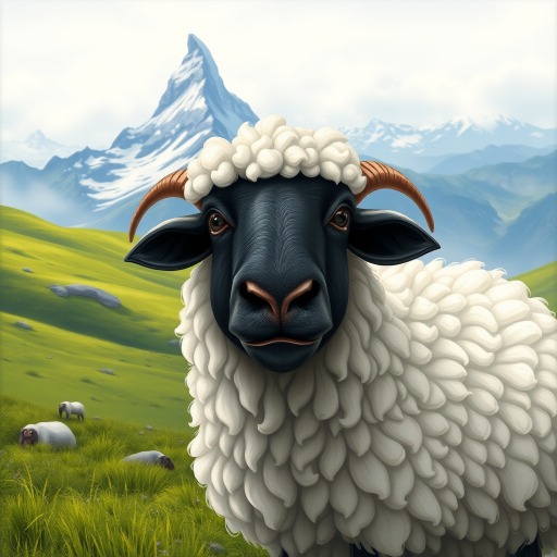 A textured painterly fantasy artistic cartoon image of a curious Valais Blacknose sheep with thick, curly white wool stands front and center in a picturesque alpine meadow, with the iconic Matterhorn Mountain looming in the background. The sheep's face is dark and expressive, with small horns jutting out from its sides. The scene is set against a misty sky, with rolling green hills and distant peaks covered in snow. The overall atmosphere is peaceful, capturing the serene beauty of the Swiss countryside.
