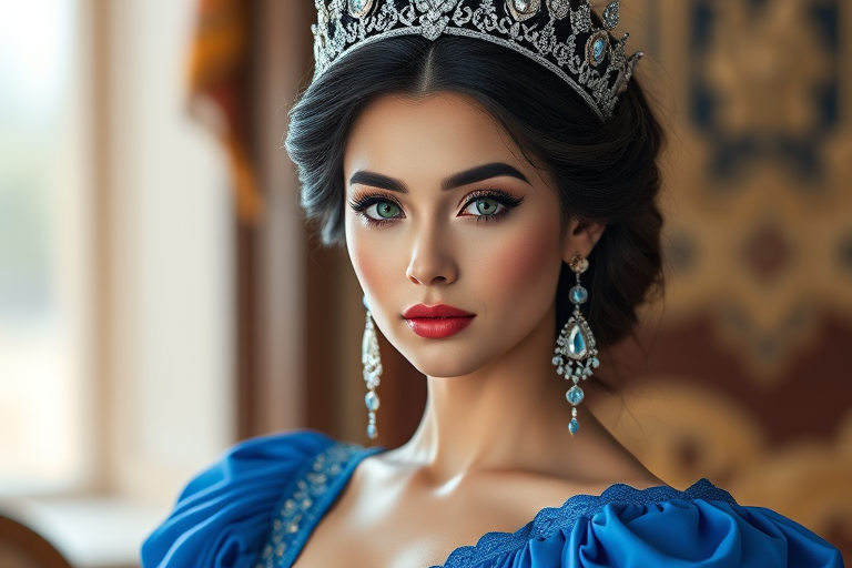 A gorgeous Uyghur woman in a luxurious blue gown, accessorized with a dazzling tiara and statement earrings, her deep green eyes highlighted by impeccable makeup, poised in a royal setting, photorealistic, 8K quality