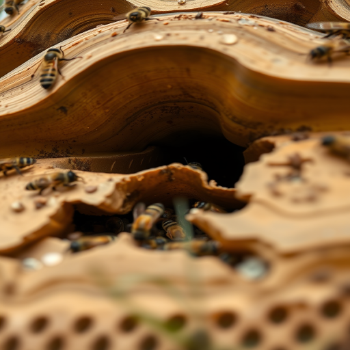 Create a detailed illustration of a beehive with smooth curves and distinct layers, using a soft focus lens with an aperture of f/8 for deeper depth of field, shot from a low angle to emphasize its height, using a high-resolution DSLR camera at 24mm focal length.