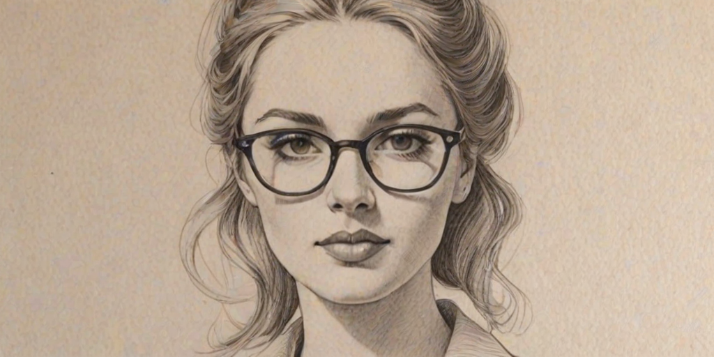 Delightful Sophia Turner, pencil sketch, portrait of Graceful woman 1971s in glasses, hair style beatnik, outline, clear lines, fine lines, 8k