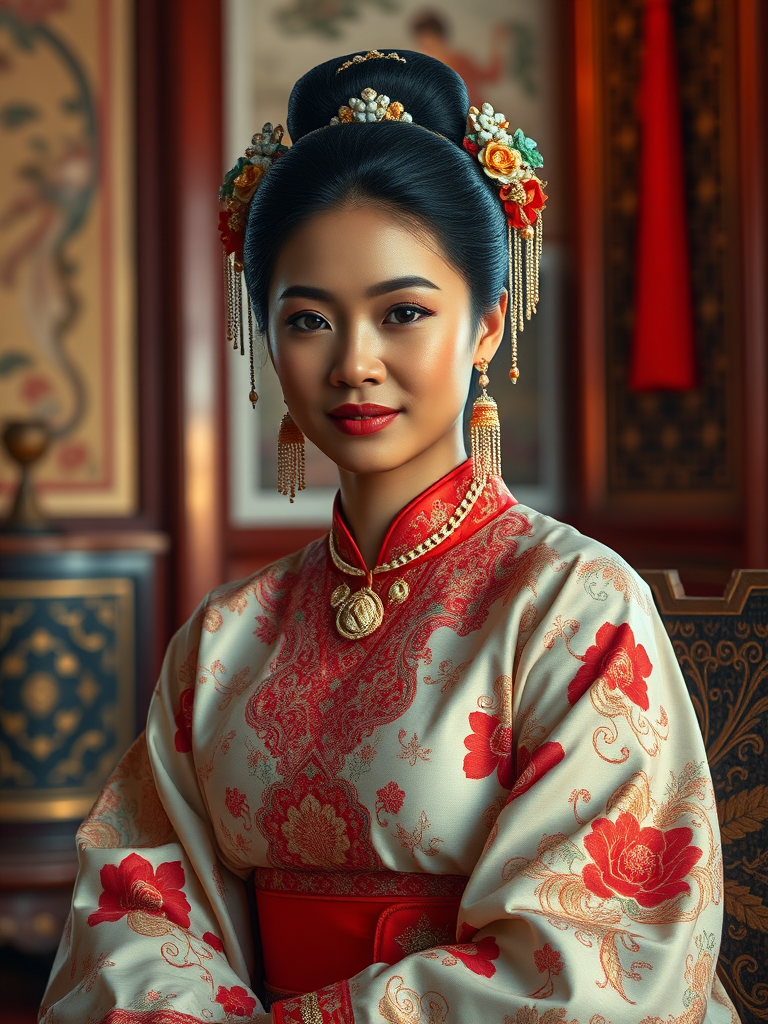 A beautiful Afro-Caribbean woman in traditional East Asian attire, intricately detailed with embroidered patterns, sitting gracefully in a richly decorated room, soft ambient lighting, serene and elegant, ultra-realistic, 8K resolution