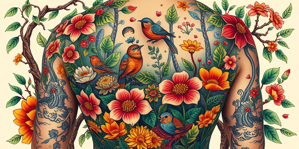 Colorful neo-traditional tattoo titled "Nature's Embrace" showcasing a lush forest scene with vibrant flora and fauna, incorporating elements of Art Nouveau style for a whimsical full back piece