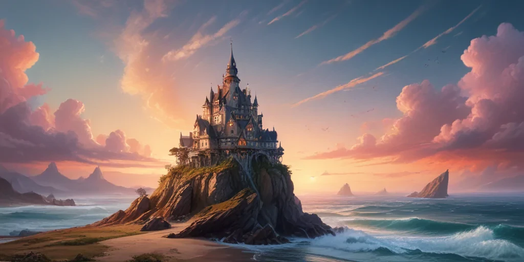 Majestic Castle on a Rocky Shore Under a Colorful Sunset Sky