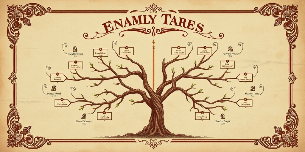 Create a high-resolution vintage-style family tree illustration with ornate borders and intricate details, captured with a Canon EOS 5D Mark IV, 50mm f/1.4 lens, ISO 200, aperture f/8, natural lighting, top-down view.