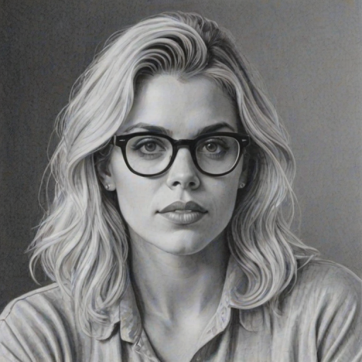 Sublime Busy Philipps, pencil sketch, portrait of Wonderful woman 1979s in glasses, hair style beatnik, outline, clear lines, fine lines, 8k