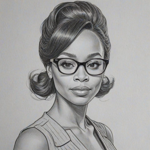 Elegant Anika Noni Rose, pencil sketch, portrait of Pleasing woman 1960s in glasses, hair style beatnik, outline, clear lines, fine lines, 8k