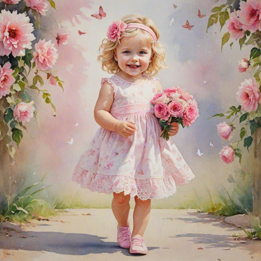 hyperrealism happy smiling toddler girl with messy wavy blonde hair with a headband, she is wearing a pink and white lace dress with pink and white shoes, she is holding a pink bouquet of flowers. Pink flowers and butterflies. summer background. Watercolor Highly detailed