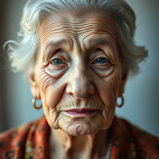 Create a portrait of an elderly woman with soft, natural lighting, showcasing her unique facial features and texture, using a Canon EOS R5 with an 85mm lens, aperture f/1.8, ISO 100, daylight setting, shallow depth of field, and a slightly low angle for depth.