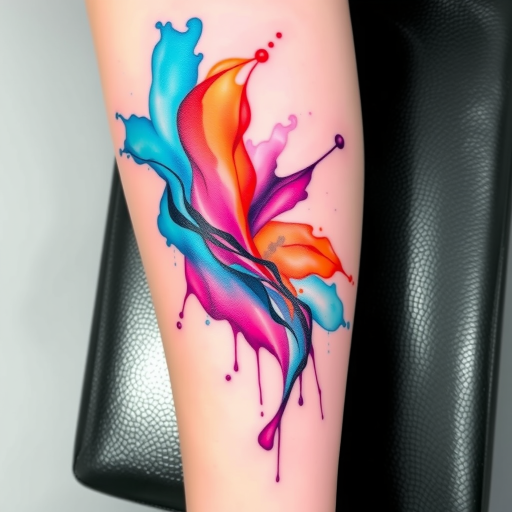 Vibrant watercolor splash tattoo named "Chromatic Cascade" featuring a mesmerizing blend of turquoise, magenta, and amber hues swirling together in a dynamic, free-flowing pattern that resembles a waterfall of colors cascading down the skin, with subtle white highlights adding depth and dimension to the design, creating a striking and unique piece of body art that appears to move and shift with the wearer's movements