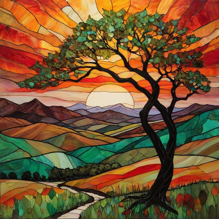 A vibrant abstract painting on Tiffany Glass, blending acrylic and alcohol ink techniques, captures a dramatic sunset over rolling hills. The artwork features a textured, rocky foreground in green and brown, layered abstract hills, and a striking sunset in rich oranges, yellows, and reds. A solitary black tree with intricate branches contrasts against the fiery sky, creating a dynamic and expressive portrayal of a breathtaking natural scene.