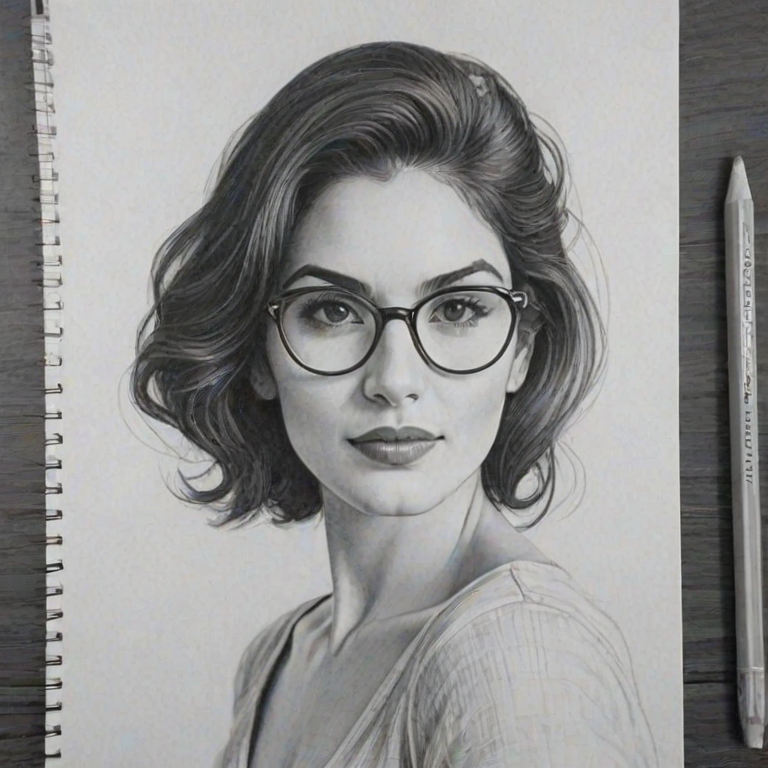 Graceful Lela Loren, pencil sketch, portrait of Lovely woman 1965s in glasses, hair style beatnik, outline, clear lines, fine lines, 8k