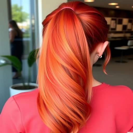 Fiery orange-to-red ombre hair in a sleek ponytail, designed by Phoenix Flame, featuring a high-shine finish and subtle golden highlights that catch the light with every movement
