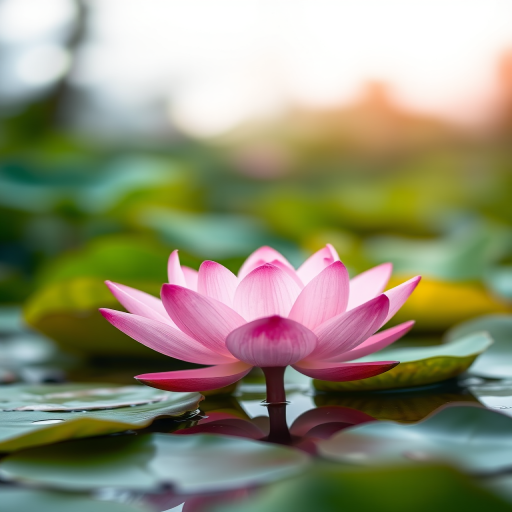 photograph of a pink lotus flower in a serene pond, soft focus background, aperture f/2.8, ISO 200, shutter speed 1/500s, taken with a DSLR camera, shallow depth of field, natural light, vibrant colors