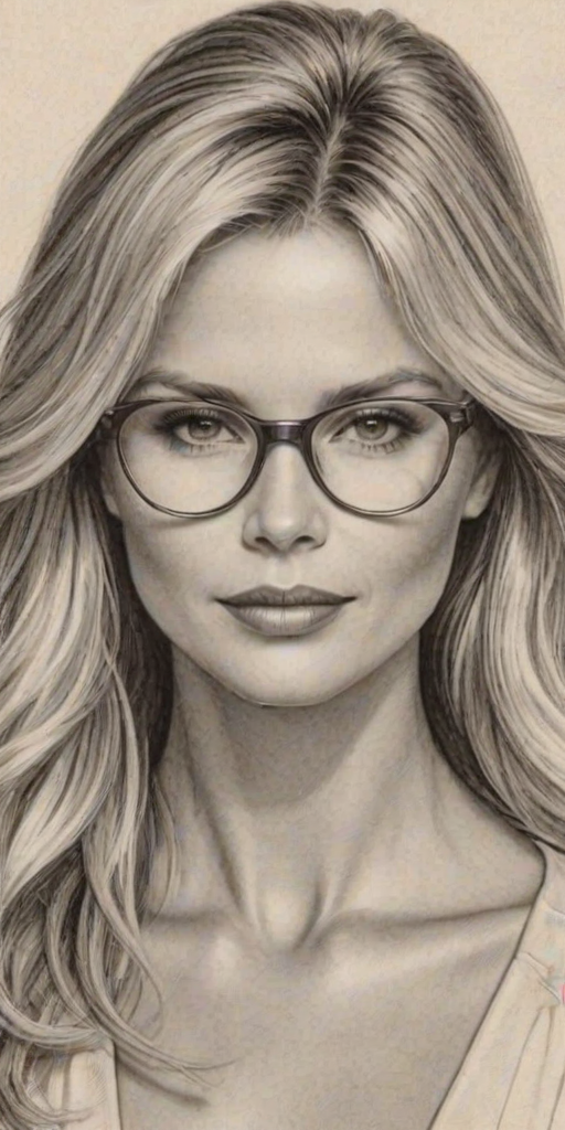 Captivating Christie Brinkley, pencil sketch, portrait of Graceful woman 1924s in glasses, hair style beatnik, outline, clear lines, fine lines, 8k