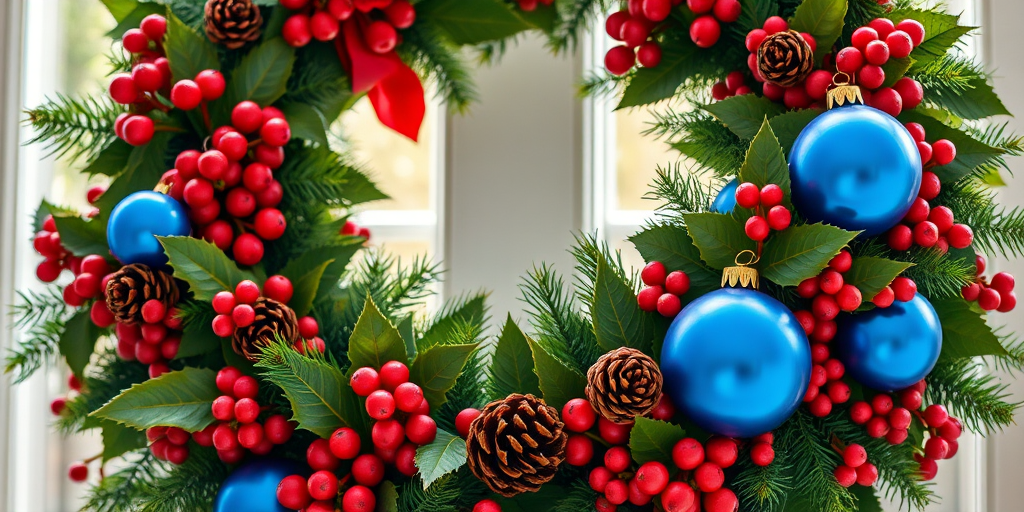 Create a highly detailed and vibrant digital illustration of a Christmas wreath adorned with red berries, green holly leaves, pine cones, and blue ornaments; shot with a 50mm lens at f/2.8 for a shallow depth of field, ISO 100, in bright natural lighting, captured with a high-resolution DSLR camera.