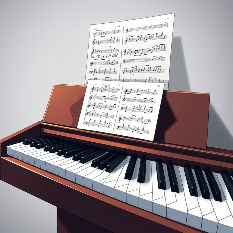 create a high-resolution digital illustration of a piano keyboard with sheet music above it, using a DSLR camera type with a 50mm lens, at f/2.8 aperture, ISO 100, in a studio setting with soft diffused lighting to enhance detail and clarity