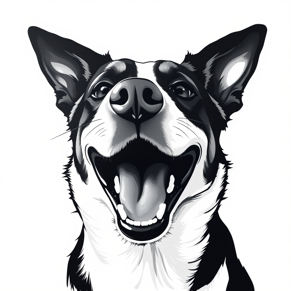 Abstract black and white acrylic portrait of an over exaggerated laughing (dog). Minimalism style. White background.