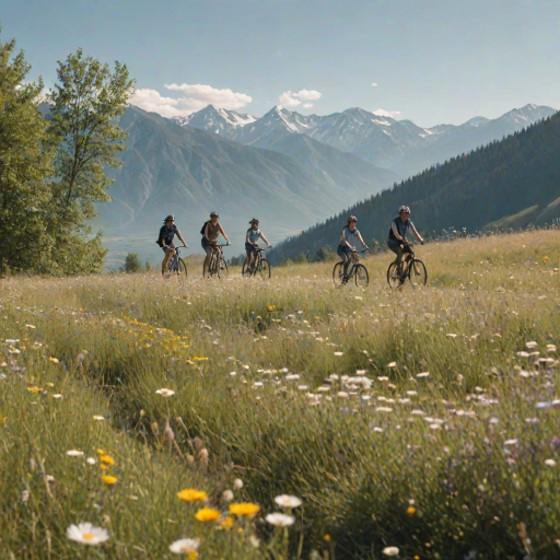 Blurry action shot of a group of friends riding bicycles through a sun-drenched meadow, soft focus on the flowers swaying in the breeze, with distant mountains silhouetted against the clear blue sky.