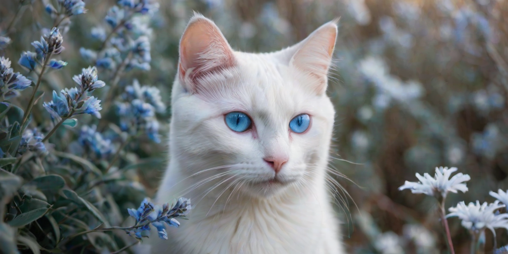 a close-up of a white cat with striking blue eyes gazing contemplatively among delicate winter flowers and frosty plants, with a soft, dreamy background and warm lighting