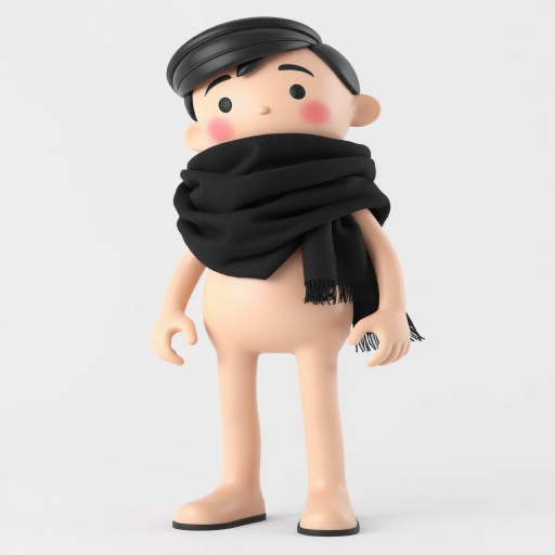 3D model of a simple humanoid figure wearing a dark scarf, standing in a relaxed pose with a slightly tilted head, high-resolution, captured with a DSLR camera at 50mm lens, aperture f/2.8, ISO 100, soft studio lighting for even illumination, white background for contrast.