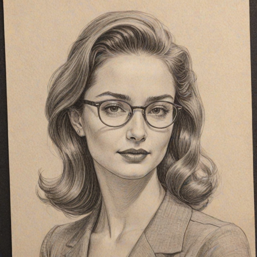 Graceful Emily Robinson, pencil sketch, portrait of Bewitching woman 1945s in glasses, hair style beatnik, outline, clear lines, fine lines, 8k
