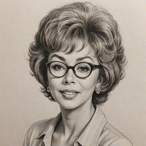 Gorgeous Rita Moreno, pencil sketch, portrait of Charming woman 1972s in glasses, hair style beatnik, outline, clear lines, fine lines, 8k