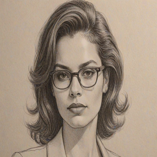 Fascinating Zuleikha Robinson, pencil sketch, portrait of Captivating woman 1977s in glasses, hair style beatnik, outline, clear lines, fine lines, 8k