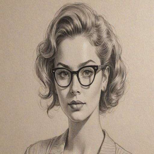 Magnificent H.E.R., pencil sketch, portrait of Captivating woman 1955s in glasses, hair style beatnik, outline, clear lines, fine lines, 8k