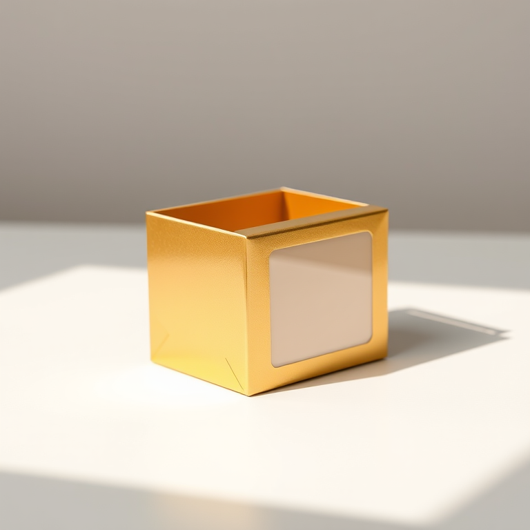 Create a high-resolution image of a 3D gold cardboard box with a transparent label, shot from a slightly elevated angle using a DSLR camera at f/8 aperture, ISO 100, 50mm lens, natural lighting for enhanced texture and detail.