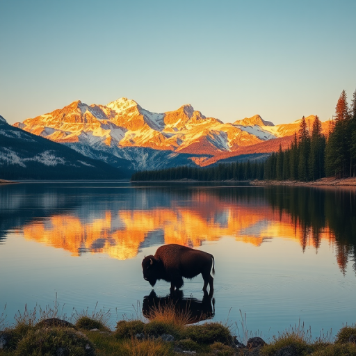 Wide shot of a calm lake reflecting majestic snow-capped mountains in the background, featuring a lone bison standing in the water, surrounded by dense pine trees, captured with a DSLR camera at f/8, ISO 100, 1/250 sec, using a 24mm lens, during golden hour for enhanced lighting and color vibrancy.