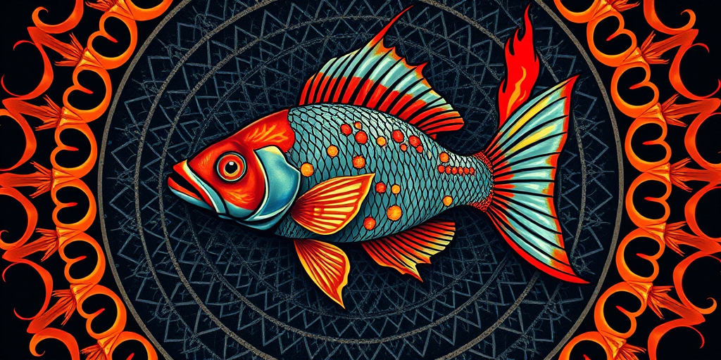 regenerate a vibrant fish illustration, intricate circular design with flame elements, 50mm lens, f/2.8 aperture, ISO 100, natural light, top-down perspective, digital art style, high resolution