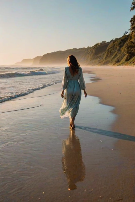 Deserted beach at sunrise, with waves gently lapping at the shore, a woman in a flowing dress walks along the water's edge, her footprints leaving a trail in the wet sand.
