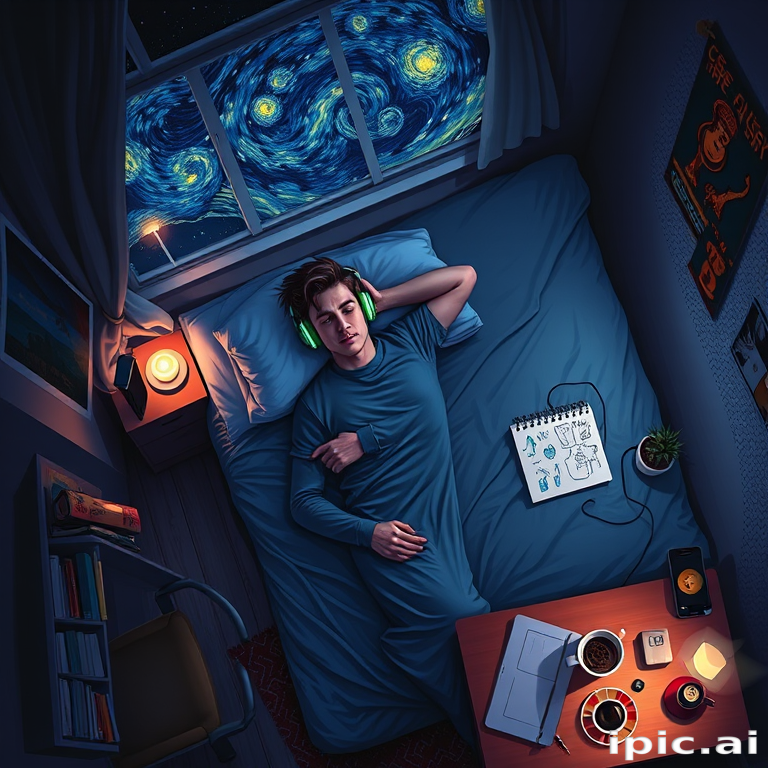A top-down Van Gogh-style painting of a young man lying on his bed, listening to music with headphones. The room is softly lit with deep blues and purples, creating a peaceful nighttime atmosphere. The bed has a soft pillow, and the man's arms are resting behind his head. Around the bed, various glowing gadgets such as a smartphone, a laptop, and a small lamp are visible, casting a gentle light. The rest of the bedroom includes a desk with books, a chair, and a small rug on the floor. A window near the bed reveals a starry night sky with swirling stars, reminiscent of Van Gogh's 'Starry Night.' On the desk, there is a sketchbook with colorful drawings, a cup of coffee steaming gently, and a small potted plant. The walls have posters of famous paintings and a corkboard with pinned notes and photos. The scene is full of dynamic, swirling brushstrokes, capturing the essence of Van Gogh's unique style. The overall mood is serene and contemplative, with a touch of artistic inspiration.
