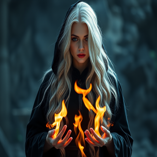 Create a high-resolution image of a sorceress with long silver hair in a black robe, holding flames in her hands, shot with a Canon EOS R5 at f/2.8, ISO 100, 1/200 sec, with a shallow depth of field, front view, and dramatic lighting to enhance the mystical atmosphere.