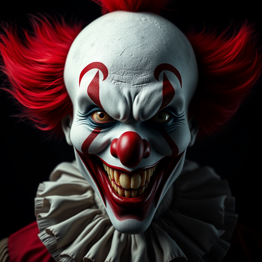 Create a hyper-realistic, dark, and eerie clown with a sinister smile, set against a black background. The clown should have exaggerated makeup with sharp, contrasting colors to enhance its menacing appearance. The overall atmosphere should be unsettling and intense, capturing a sense of horror and suspense
