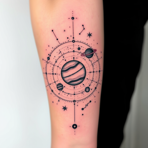 Cosmic dotwork tattoo showcasing a detailed solar system with planets and constellations, gradually fading into the skin to create the illusion of infinite space