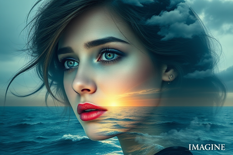 imagine Book cover, A surreal double exposure portrait that blends a woman's face with a beautiful seascape. The overall mood is dreamy and mystical, with rich colors and intricate details