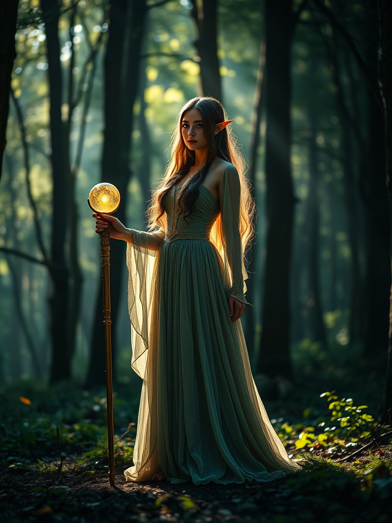 regenerate an ethereal image of an elf woman in a flowing gown standing in a mystical forest, wearing a golden staff with a glowing orb, soft sunlight filtering through the trees, 50mm lens, aperture f/1.8, ISO 100, shallow depth of field, DSLR camera, portrait orientation, high dynamic range