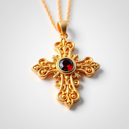 create a highly detailed 3D render of an ornate golden cross pendant with a deep red gemstone at the center, soft studio lighting, focus on surface reflections and textures, shot with a DSLR camera at 50mm f/1.8, ISO 100, aperture priority mode, shallow depth of field, neutral background to enhance the pendant's details.