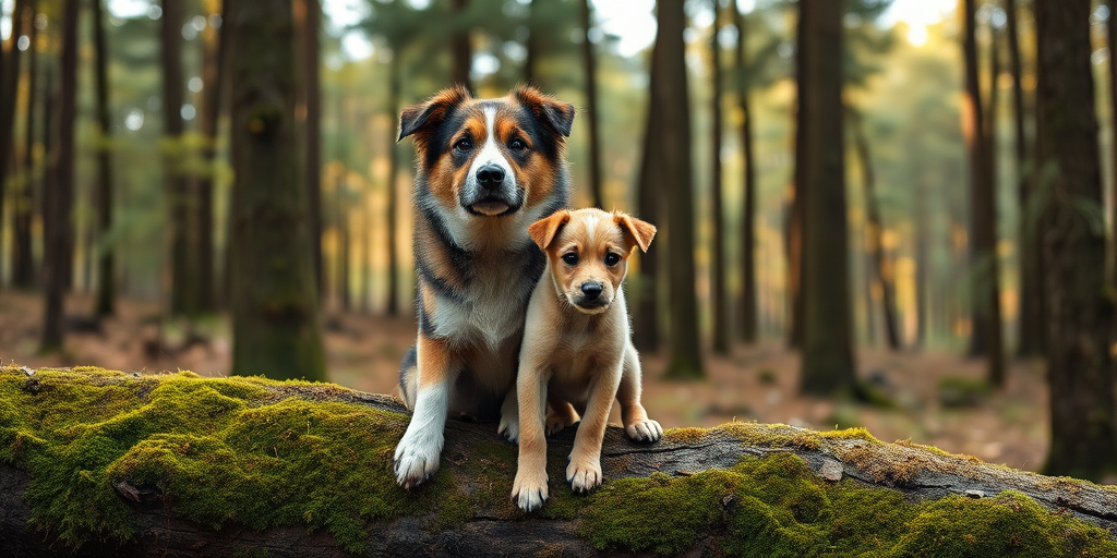 A close-up shot of a mature dog and a puppy sitting on a moss-covered tree trunk in a forest, with soft natural lighting, camera settings: f/2.8 aperture, ISO 200, shutter speed 1/500s, panoramic view, DSLR camera, high-resolution image quality.