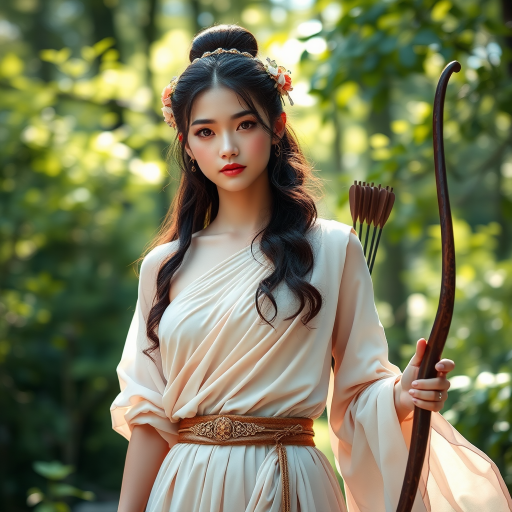 Create a portrait of a goddess-like Chinese girl figure in a tranquil, forested environment. She has an elegant appearance with long, wavy hair styled in an updo and adorned with a delicate, floral headband. She wears a flowing, ancient Greek-inspired gown in a soft, pale color, featuring a one-shoulder design and draped fabric that accentuates her graceful form. The outfit includes a decorative belt with ornate gold detailing, and she holds a bow in her hand, with a quiver of arrows slung over her shoulder. The background depicts lush greenery, with sunlight filtering through the trees, casting a gentle, ethereal light on the scene. Her expression is calm and contemplative, embodying a sense of wisdom and serenity.