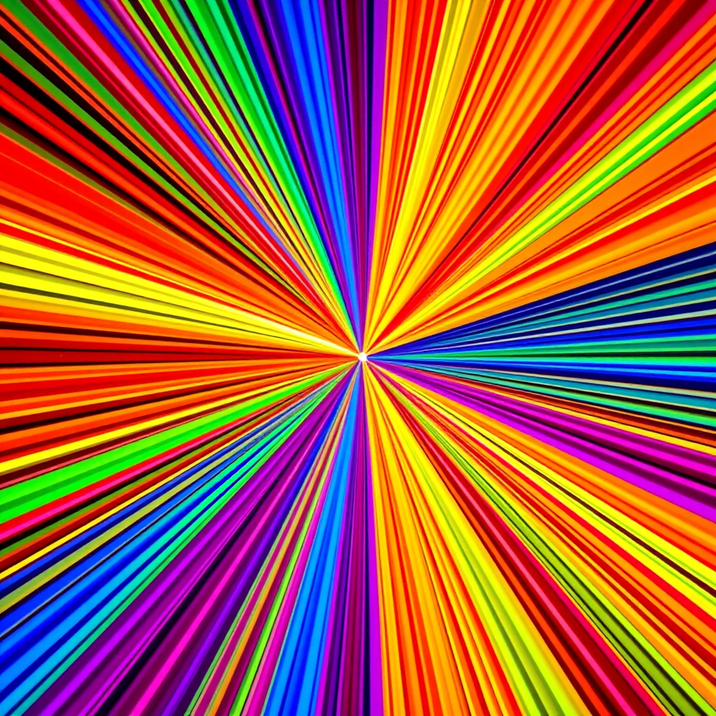 Create a vibrant, colorful starburst pattern with radial lines extending outward from a circular center, using a DSLR camera with a 50mm lens, f/8 aperture, ISO 100, and a wide-angle view to enhance sharpness and detail.