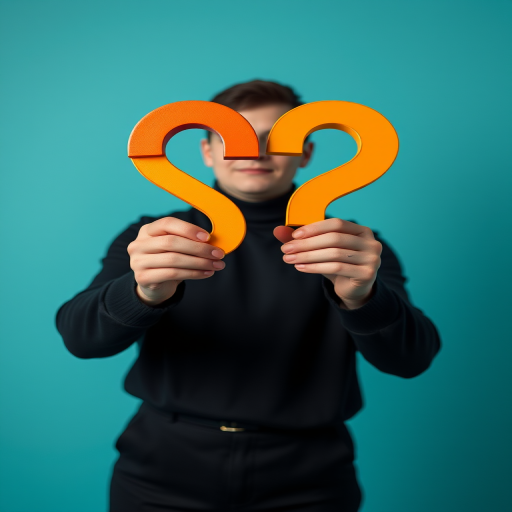 Create an image of a pair of 3D question marks in orange and yellow held by a person wearing a black outfit against a solid teal background, using a Canon EOS R camera with a 50mm lens, aperture f/1.8, ISO 200, and a shallow depth of field for clarity and vibrancy.