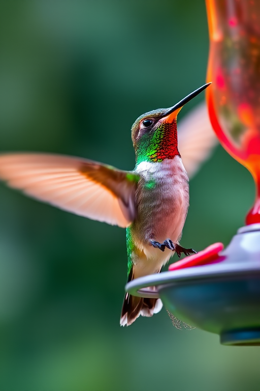 hummingbird in mid-flight near a feeder, vibrant colors, soft-focus background, shallow depth of field, 85mm lens, f/1.8 aperture, ISO 400, shutter speed 1/2000s, natural light, DSLR camera, high-resolution image