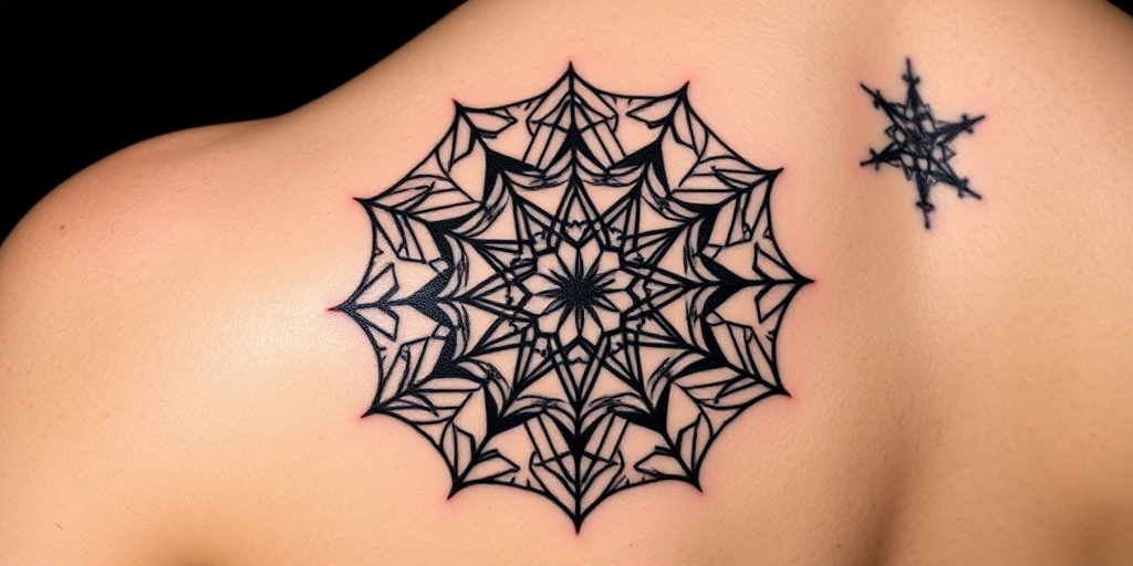 Striking geometric blackwork tattoo featuring interconnected sacred geometry patterns, precise lines and angles forming complex mandala-like designs, stark contrast against skin, bold and modern aesthetic