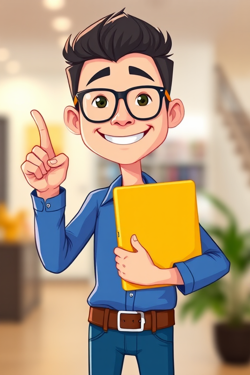 Create a cartoon character of a cheerful man with glasses and a blue shirt holding a folder, standing confidently with one finger raised, in a bright, colorful style, captured with a DSLR camera at f/4 aperture, ISO 200, 50mm lens, with a soft focus background for depth.