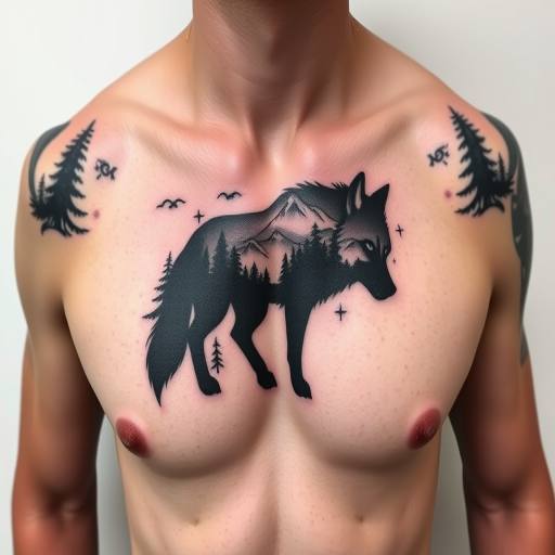 Striking negative space tattoo on the chest and shoulders revealing a scenic landscape within the silhouette of a wolf with precise linework and shading