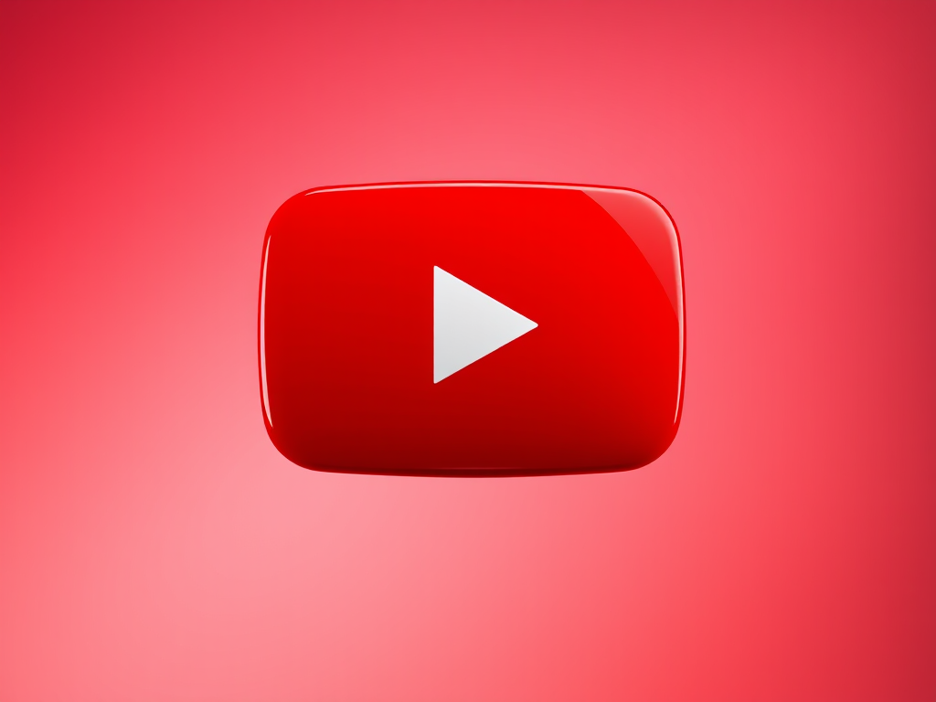 A glossy red YouTube logo with a white play button centered, shot with a Canon EOS R5 at f/2.8, ISO 100, 50mm lens, in a studio setting with soft diffused lighting and a gradient background for depth.